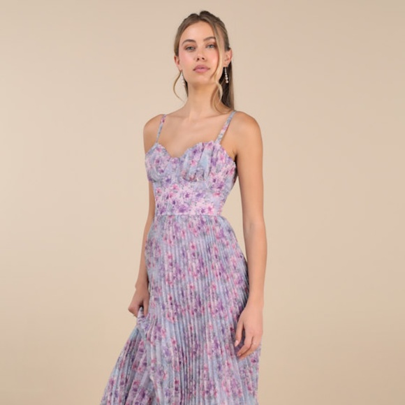 Lulus Alluring Invite Purple Multi Floral Pleated Bustier Midi Dress - Size S - Picture 1 of 1
